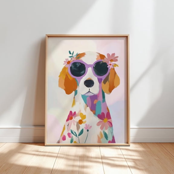 Floral Beagle Poster, Colorful Dog With Sunglasses Poster, Unframed Poster Size 16x24