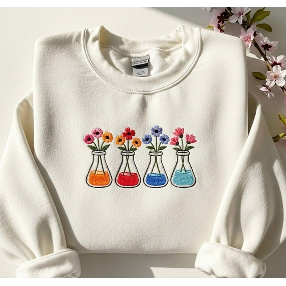 Floral Beakers Laboratory Embroidered Sweatshirt, Science Teacher Appreciation, Chemistry Lovers Crewneck, Medical Shirt For Women