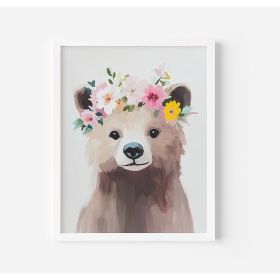 Floral Bear Portrait Poster Nursery Animal Wall Art, Unframed Poster Size 12x18 F03.1.19l966