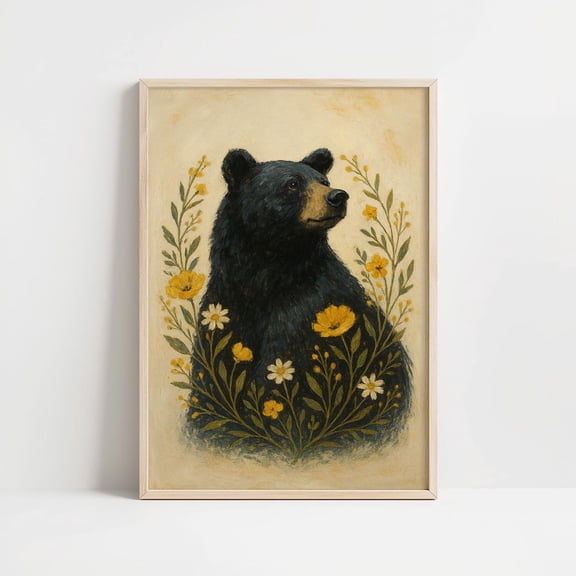 Floral Bear Portrait Rustic Woodland Home Decor Art Print, Unframed Paper Print Size 8x12