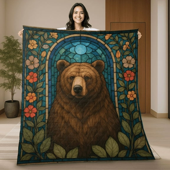 Floral Bear Stained Glass Christmas Quilt Blanket – Rustic Animal Floral Quilt, Nature-Inspired Bear Blanket for Sofa or Bed, Unique Art Gift for Wildlife Lovers