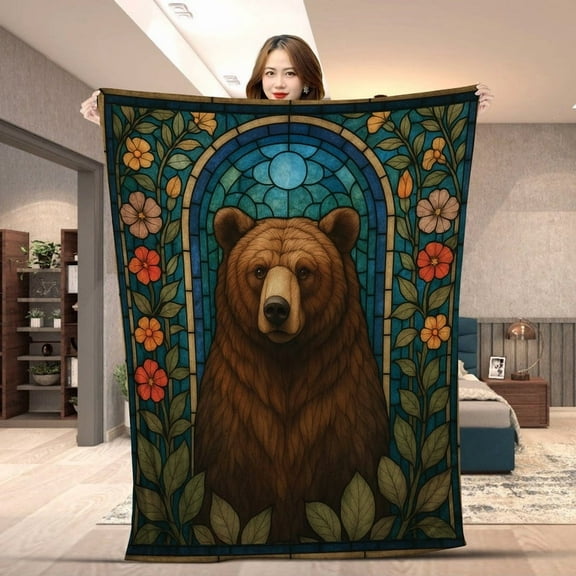 Floral Bear Stained Glass Throw Blanket - Cozy Soft Fleece & Sherpa Blanket for Home Decor, Winter Bedding, Perfect Gift for Animal Lover