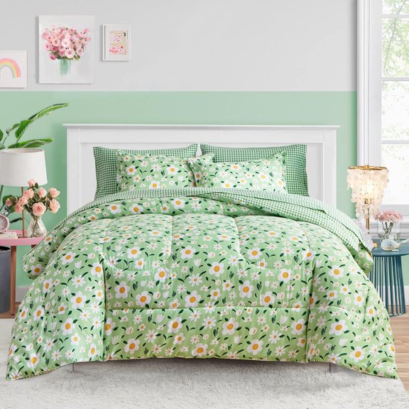 Floral Bed in a Bag Size White with Orange Flowers 7 Pieces Comforter Set for Kids Girls Soft Reversible Bedding Set (1 Comforter 2 Pillow Shams 1 Green Flat Sheet 1 Fitted Sheet 2 Pillowcases)