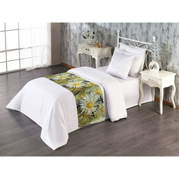 Floral Bed Runner, Abstract Art Style Aster Flowers Blooming Summer Garden Vibes Warm Tones, Decorative Accent Bedding Scarf for Hotels Homes & Guest Rooms, Twin, Mustard Khaki Black, by Ambesonne