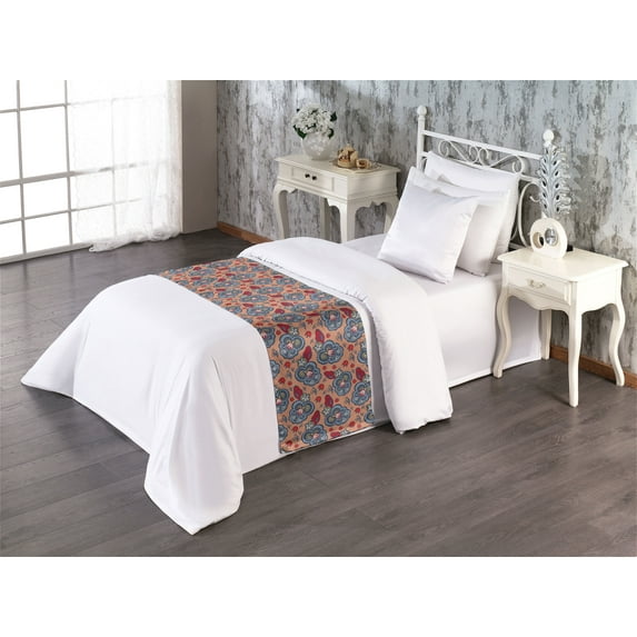 Floral Bed Runner, Abstract Illustrated Blossom Silhouette With Linear Ornament on Pink Back, Decorative Accent Bedding Scarf for Hotels Homes & Guest Rooms, Twin, Dark Peach Ceil Blue, by Ambesonne