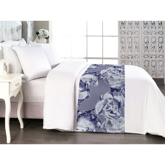 Floral Bed Runner, Abstract Retro Graphic Effect Peony Flowers Botanical Bouquet Bloom, Decorative Accent Bedding Scarf for Hotels Homes & Guest Rooms, Queen, Quartz Ceil Blue and Indigo, by Ambesonne