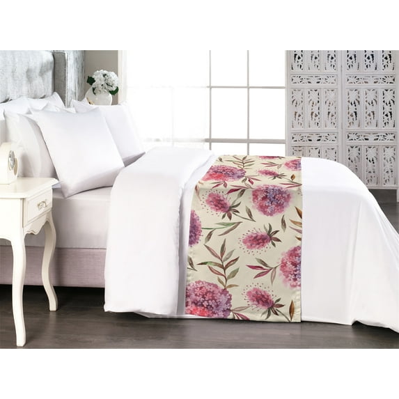 Floral Bed Runner, Asian Garden Spring Inspired Watercolor Romantic Flower Sketches and Leaves, Decorative Accent Bedding Scarf for Hotels Homes & Guest Rooms, King, Eggshell Pink Mauve, by Ambesonne