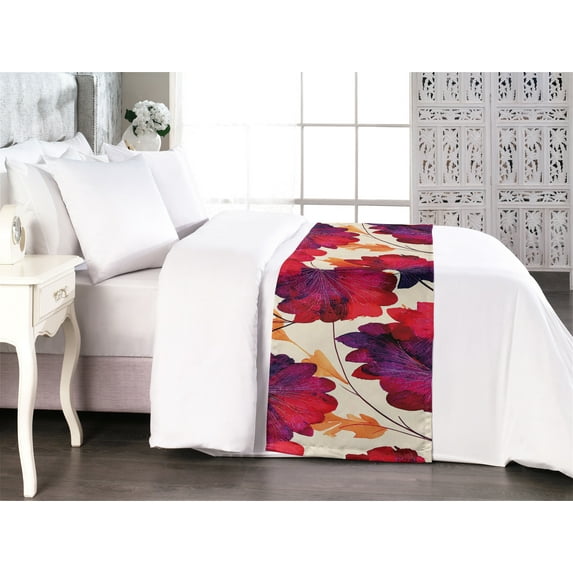 Floral Bed Runner, Autumn Season Leaves Falling Leaves Repetitive Artwork Pattern Romantic, Decorative Accent Bedding Scarf for Hotels Homes & Guest Rooms, King, Eggshell and Dark Coral, by Ambesonne