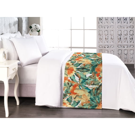 Floral Bed Runner, Beauty of Nature Passiflora Flowers and Leaves Blossoming in Watercolor, Decorative Accent Bedding Scarf for Hotels Homes & Guest Rooms, Queen, Teal Pale Yellow Orange, by Ambesonne