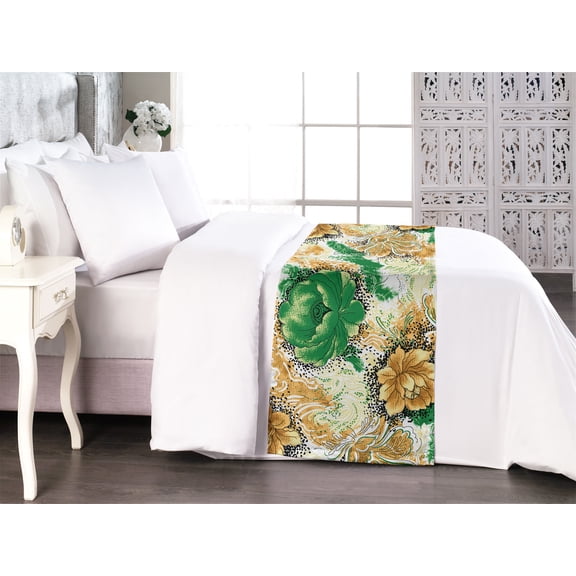 Floral Bed Runner, Bicolour Style Flowers in Vintage Inspired Halftone Dotted Effect Repetition, Decorative Accent Bedding Scarf for Hotels Homes & Guest Rooms, King, Green and Amber, by Ambesonne