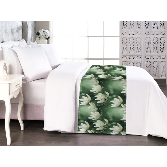Floral Bed Runner, Blossoming Branches of Spring Season Flowers Asian Nature Art on Blurred Backdrop, Decorative Accent Bedding Scarf for Hotels Homes & Guest Rooms, Queen, Reseda Green, by Ambesonne