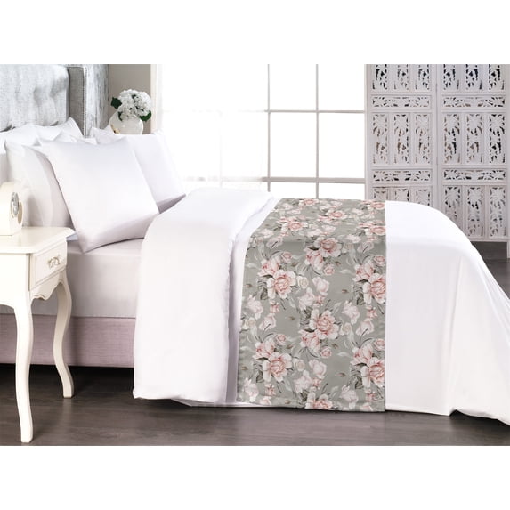 Floral Bed Runner, Blossoming Roses with Leaves Romantic Vintage Style of Artwork Pastel Love, Decorative Accent Bedding Scarf for Hotels Homes & Guest Rooms, Queen, Grey and Pale Rose, by Ambesonne