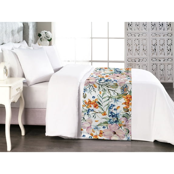 Floral Bed Runner, Bohemian Look Watercolor Garden of Branches Flowers and Butterflies, Decorative Accent Bedding Scarf for Hotels Homes & Guest Rooms, King, Rose Orange and Slate Blue, by Ambesonne
