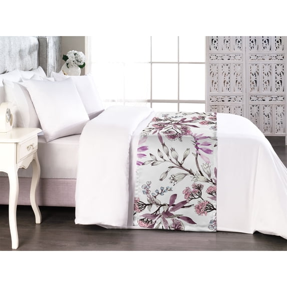 Floral Bed Runner, Botanical Meadow Ornament of Colorful Vintage Flowers on Plain Backdrop, Decorative Accent Bedding Scarf for Hotels Homes & Guest Rooms, Queen, Eggplant Ivory Lilac, by Ambesonne