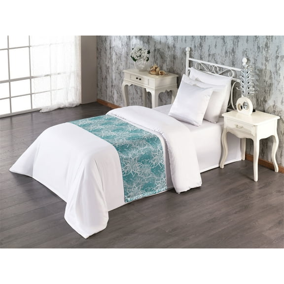 Floral Bed Runner, Brush Mark Style Drawing of Flower Sketches and Leaves Spring Boho, Decorative Accent Bedding Scarf for Hotels Homes & Guest Rooms, Twin, Cadet Blue and Pale Grey, by Ambesonne