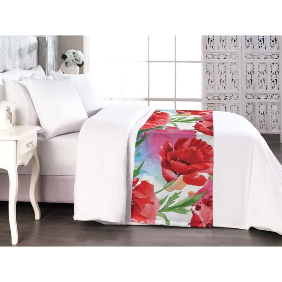 Floral Bed Runner, Colorful Flower Garden in Watercolor Style Poppy Blossoms on Paint Blots, Decorative Accent Bedding Scarf for Hotels Homes & Guest Rooms, King, Vermilion Green Pink, by Ambesonne