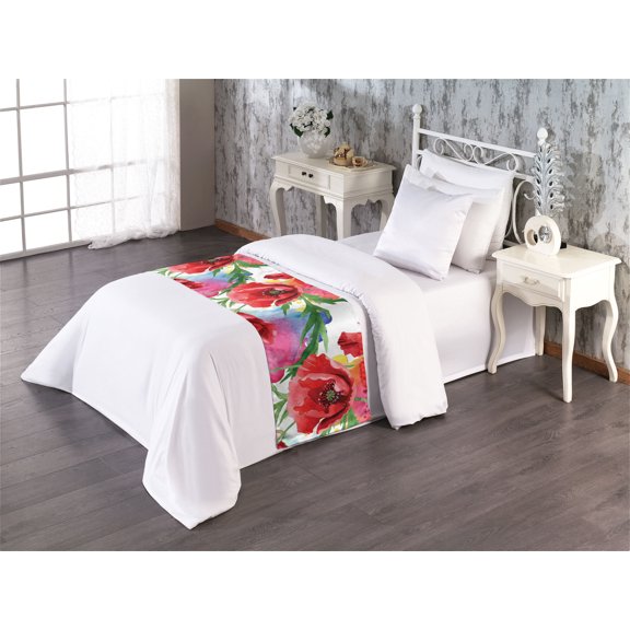 Floral Bed Runner, Colorful Flower Garden in Watercolor Style Poppy Blossoms on Paint Blots, Decorative Accent Bedding Scarf for Hotels Homes & Guest Rooms, Twin, Vermilion Green Pink, by Ambesonne