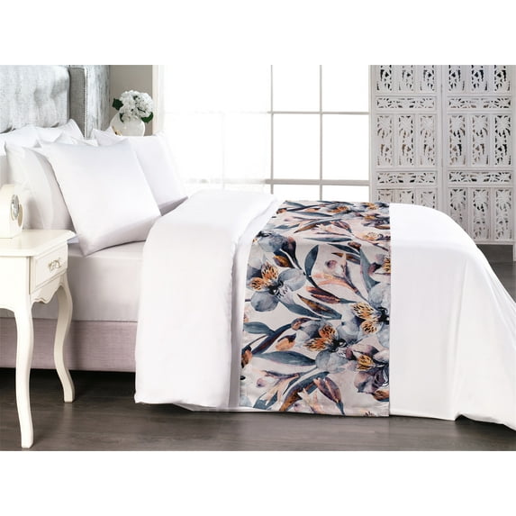 Floral Bed Runner, Exotic Alstroemeria Flowers Blooming Pastel Peruvian Lily Pattern, Decorative Accent Bedding Scarf for Hotels Homes & Guest Rooms, Queen, Pale Rose and Slate Blue, by Ambesonne