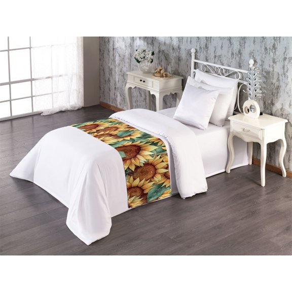 Floral Bed Runner, Field of Sunflowers Repeating Pattern of Art Summer Themed Artwork, Decorative Accent Bedding Scarf for Hotels Homes & Guest Rooms, Twin, Burnt Orange Laurel Green, by Ambesonne