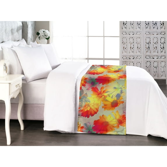 Floral Bed Runner, Fine Art Watercolor Style Pattern of Vintage Aster Flowers Print, Decorative Accent Bedding Scarf for Hotels Homes & Guest Rooms, King, Orange Pale Khaki and Rose, by Ambesonne