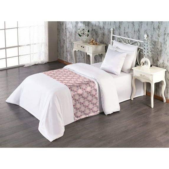 Floral Bed Runner, Flowers Grid of Squares Royal Garden Spring Rose Branches Pattern, Decorative Accent Bedding Scarf for Hotels Homes & Guest Rooms, Twin, Pale Pink and Olive Green, by Ambesonne