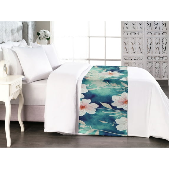 Floral Bed Runner, Flowers of the Season of Spring Summer Garden Repeated Pattern Artwork, Decorative Accent Bedding Scarf for Hotels Homes & Guest Rooms, Queen, Vermilion Teal Off White, by Ambesonne
