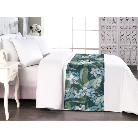 Floral Bed Runner, Jungle Theme Flowers Tropical Pattern on Forest Leaves Backdrop, Decorative Accent Bedding Scarf for Hotels Homes & Guest Rooms, Queen, Pistachio Green and Soft Blue, by Ambesonne