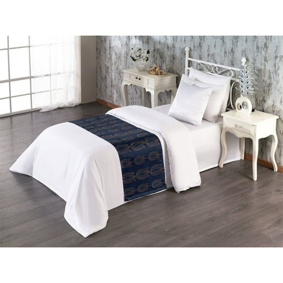 Floral Bed Runner, Linear Style Drawn Oversimplified Flower Silhouette Pattern Print Art, Decorative Accent Bedding Scarf for Hotels Homes & Guest Rooms, Twin, Dark Sky Blue Dark Yellow, by Ambesonne