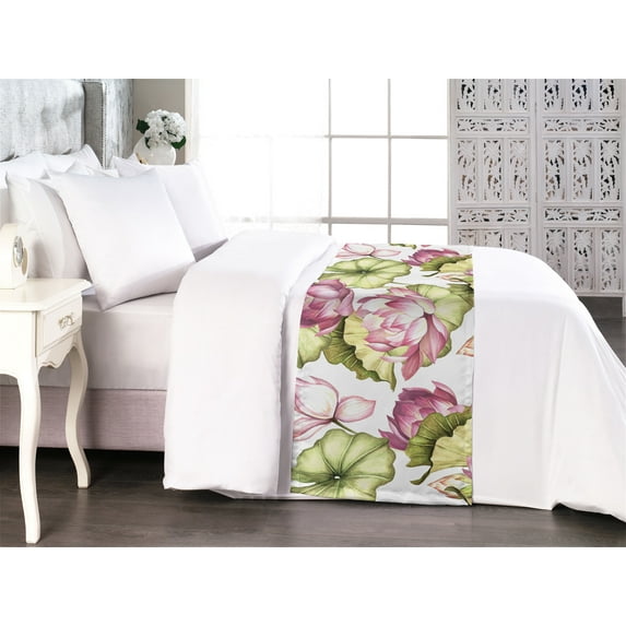 Floral Bed Runner, Lotus Petals and Leaves Pattern Exotic Flowers Water Lilies Blooming Art, Decorative Accent Bedding Scarf for Hotels Homes & Guest Rooms, Queen, Pink and Olive Green, by Ambesonne
