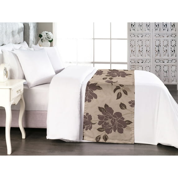 Floral Bed Runner, Nature Inspired Linear Style Drawn Rose Pattern With Shades on Beige Tone Back, Decorative Accent Bedding Scarf for Hotels Homes & Guest Rooms, Queen, Dimgray Camel, by Ambesonne