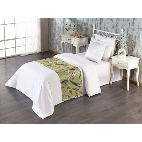 Floral Bed Runner, Nature Themed Painting Style Flower Sketches With Leaves Vintage Print, Decorative Accent Bedding Scarf for Hotels Homes & Guest Rooms, Twin, Pale Khaki Multicolor, by Ambesonne