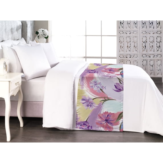 Floral Bed Runner, Oil Painting Style Flower Sketches Pattern With Brush Strokes Print Art, Decorative Accent Bedding Scarf for Hotels Homes & Guest Rooms, King, Lilac Blush and Khaki, by Ambesonne