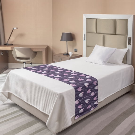 Floral Bed Runner, Ornamental Tulips Inspired Violet Motifs, Decorative Accent Bedding Scarf for Hotels Homes and Guestrooms, Twin, Purple Pale Mauve, by Ambesonne