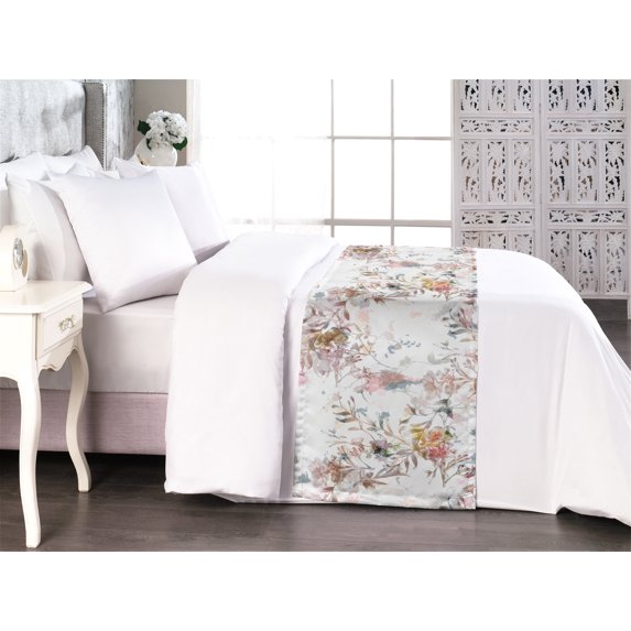 Floral Bed Runner, Pastel Colored Botanical Themed Pattern of Leaves and Abstract Blooms Print, Decorative Accent Bedding Scarf for Hotels Homes & Guest Rooms, King, Rose and Blue Grey, by Ambesonne