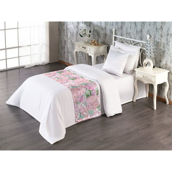 Floral Bed Runner, Pastel Colored Peony Flowers Blooming into the Nature in Watercolor Art, Decorative Accent Bedding Scarf for Hotels Homes & Guest Rooms, Twin, Pale Pink Almond Green, by Ambesonne