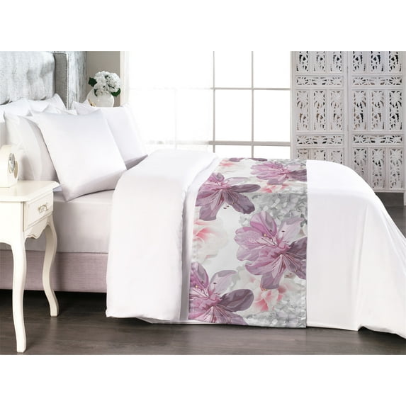 Floral Bed Runner, Pastel Hydrangea and Azalea Flowers Flourishing Soft Garden Pattern, Decorative Accent Bedding Scarf for Hotels Homes & Guest Rooms, Queen, Pale Eggplant Pastel Pink, by Ambesonne
