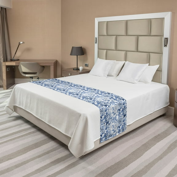 Floral Bed Runner, Pastel Nature Monochrome Spring Composition of Blooming Peonies and Birds, Decorative Accent Bedding Scarf for Hotels Homes and Guestrooms, Ceil Blue, by Ambesonne