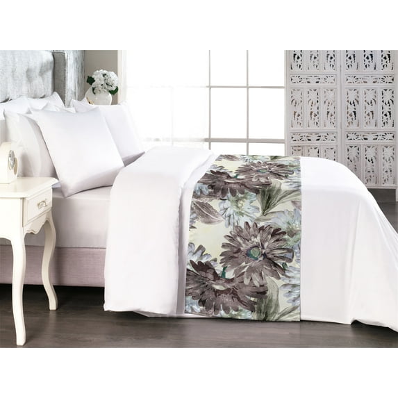 Floral Bed Runner, Pastel Vintage Themed Ornament of Gerbera Artwork Watercolor Print, Decorative Accent Bedding Scarf for Hotels Homes & Guest Rooms, Queen, Ivory and Dark Warm Taupe, by Ambesonne