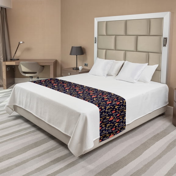 Floral Bed Runner, Repetitive Forest Roses Flowers Autumn Leaves, Decorative Accent Bedding Scarf for Hotels Homes and Guestrooms, King, Indigo Coral Dark Tan, by Ambesonne