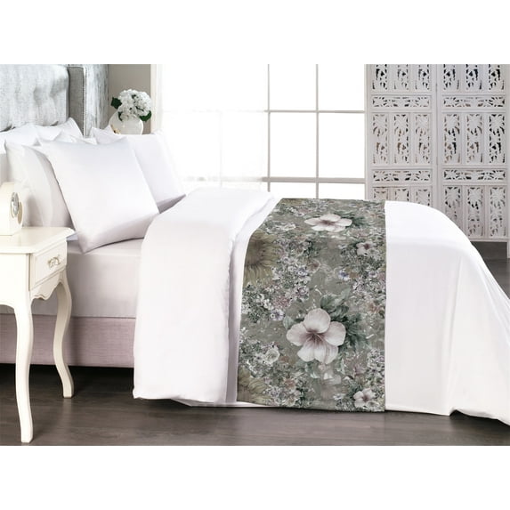 Floral Bed Runner, Retro Tropical Hawaiian Hibiscus Sunflower Jumble Floral Back, Decorative Accent Bedding Scarf for Hotels Homes & Guest Rooms, Queen, Dimgray Slate Brown and Pearl, by Ambesonne