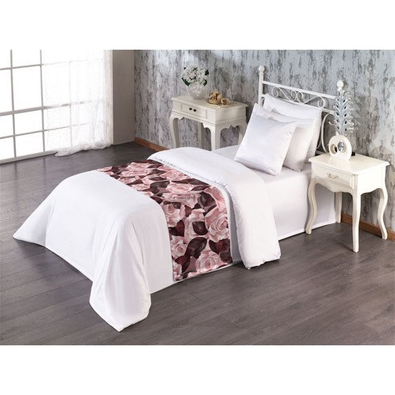 Floral Bed Runner, Romantic Bloom Vintage Digital Painting Roses and Leaves Soft Warm Tones, Decorative Accent Bedding Scarf for Hotels Homes & Guest Rooms, Twin, Dark Maroon Pale Pink, by Ambesonne