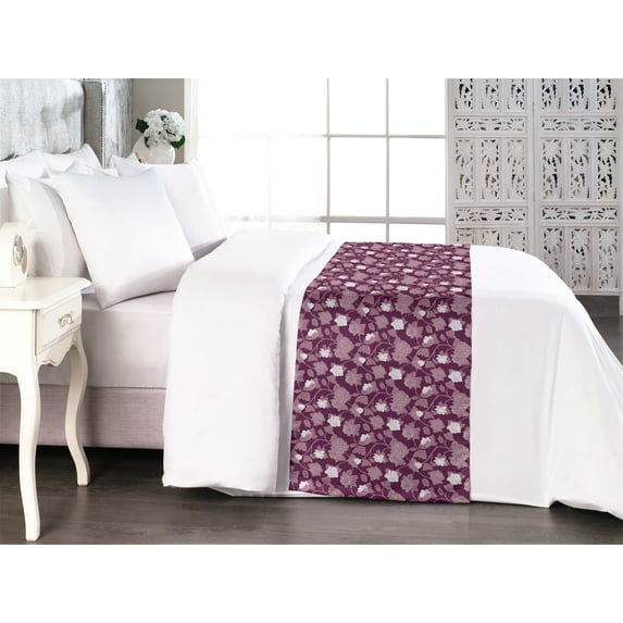 Floral Bed Runner, Romantic Entangled Roses with Branches Blossoming Petals of Spring Art, Decorative Accent Bedding Scarf for Hotels Homes & Guest Rooms, King, Plum Grey Pink and White, by Ambesonne