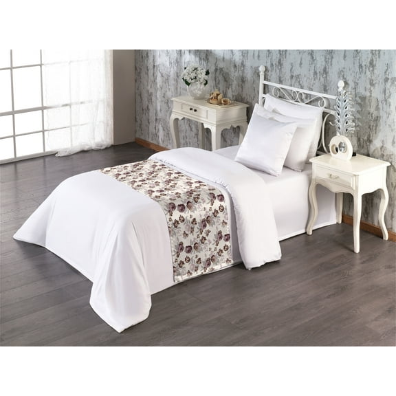 Floral Bed Runner, Roses with Leaves Autumn Style of Design Soft Colors Repetitive Vintage, Decorative Accent Bedding Scarf for Hotels Homes & Guest Rooms, Twin, Maroon Mauve and Ivory, by Ambesonne