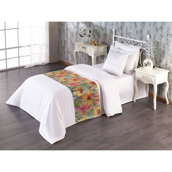 Floral Bed Runner, Rustic Summer Vibes Pattern of Coneflowers Botanical Themed Print, Decorative Accent Bedding Scarf for Hotels Homes & Guest Rooms, Twin, Coral Pale Orange and Green, by Ambesonne