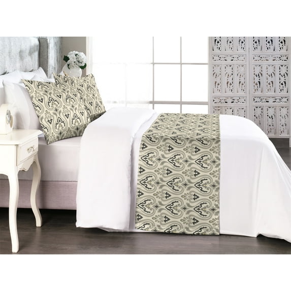 Floral Bed Runner Set, Abstract Designed Blossom Pattern Damask Inspired Striped on Greyish Back, Decorative Bedding Scarf & 2 Pillow Shams for Hotels Homes, Queen, Pale Sage Green Cream, by Ambesonne