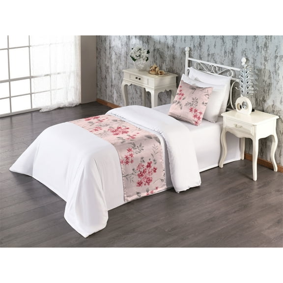 Floral Bed Runner Set, Asian Winter Inspired Digital Drawn Flower Pattern on Roseta Backdrop, Decorative Bedding Scarf & a Pillow Sham for Hotels Homes, Twin, Burgundy and Pastel Pink, by Ambesonne