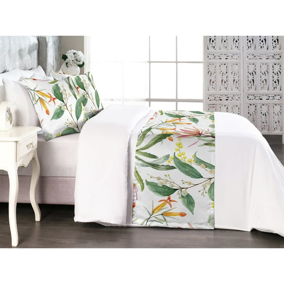 Floral Bed Runner Set, Australian Banksia and Botanical Ornaments Watercolor Nature Branches, Decorative Bedding Scarf & 2 Pillow Shams for Hotels Homes, King, Laurel Green Multicolor, by Ambesonne