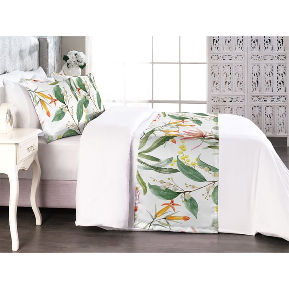 Floral Bed Runner Set, Australian Banksia and Botanical Ornaments Watercolor Nature Branches, Decorative Bedding Scarf & 2 Pillow Shams for Hotels Homes, Queen, Laurel Green Multicolor, by Ambesonne