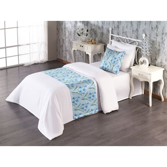 Floral Bed Runner Set, Blooming Cornflowers Garden Nature Watercolor Art on Soft Background, Decorative Bedding Scarf & a Pillow Sham for Hotels Homes, Twin, Sea Blue and Fern Green, by Ambesonne