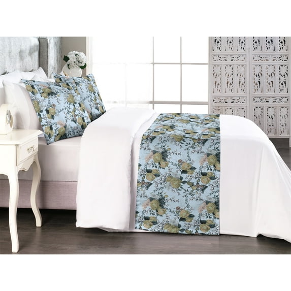 Floral Bed Runner Set, Blossoming Roses of the Romantic Season Leaves Lovers Flowers Artwork, Decorative Bedding Scarf & 2 Pillow Shams for Hotels Homes, Queen, Pale Azure Blue Evergreen, by Ambesonne